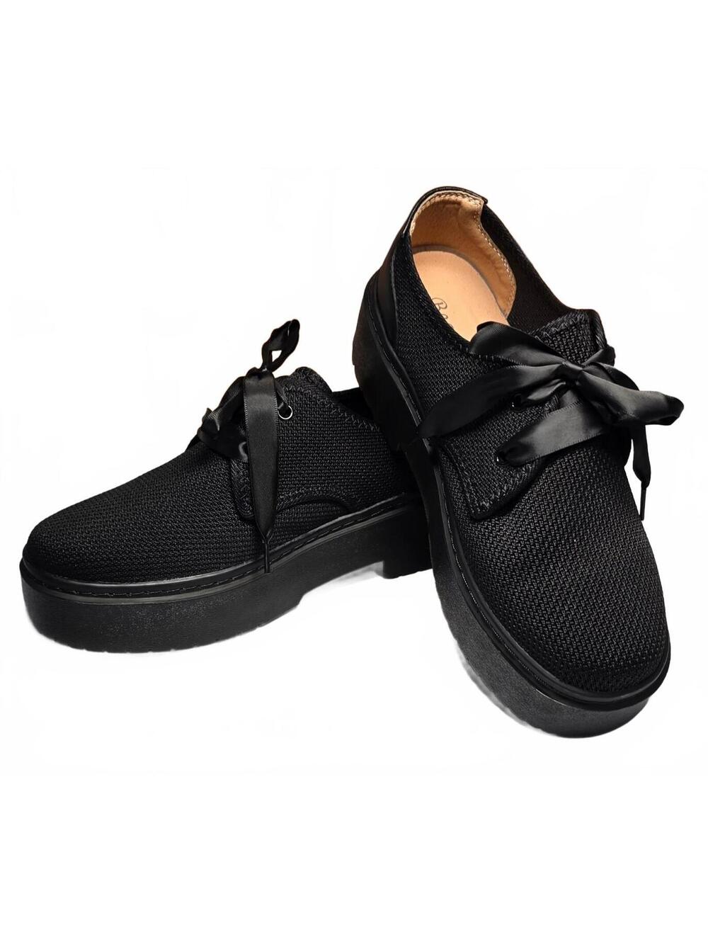 Sz 9 Chunky Black Platform Lace-Up Shoes with Satin Ribbon Laces